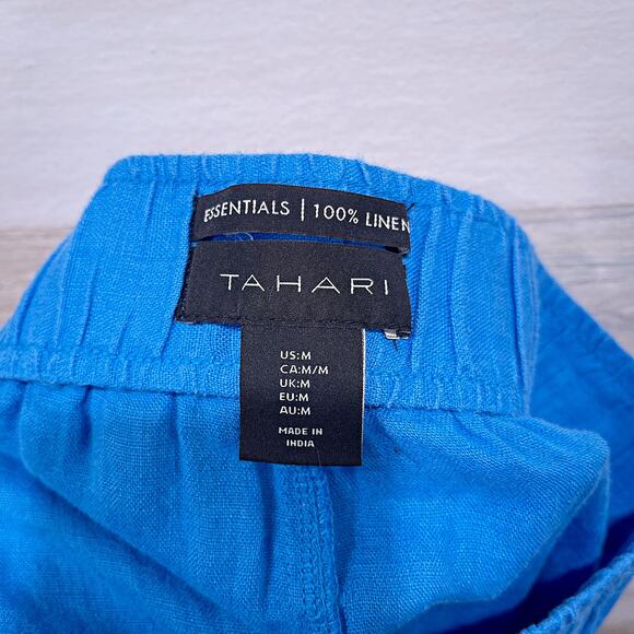 TAHARI Linen Wide Leg Crop Pants Blue Pull On Elastic Waist Casual Womens Medium - Picture 6 of 6